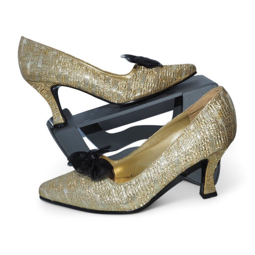 Anne Michelle Vintage Gold Bow Pump Heels‎ Gold / Black Women's 8